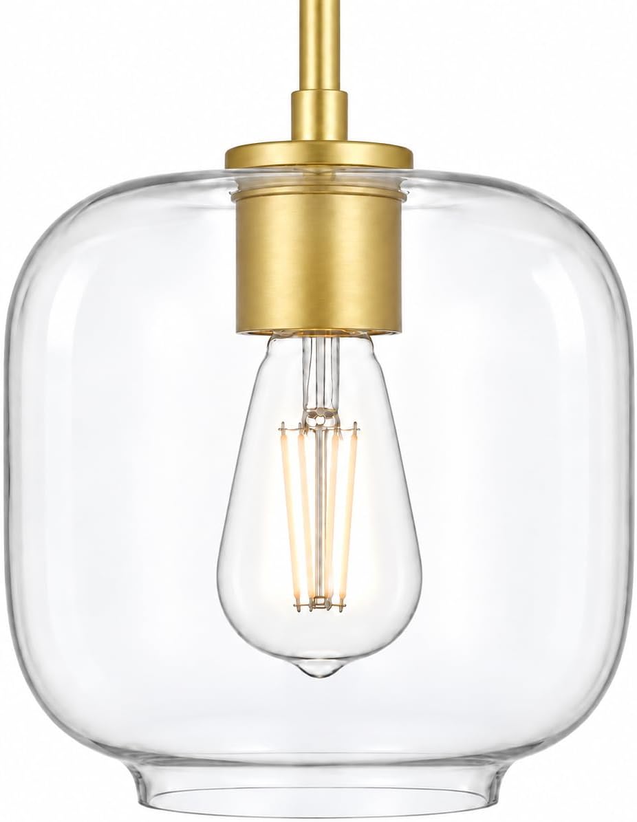 Piarra Satin Brass Clear Glass Kitchen Island Pendant Light, Gold, 7.25 In