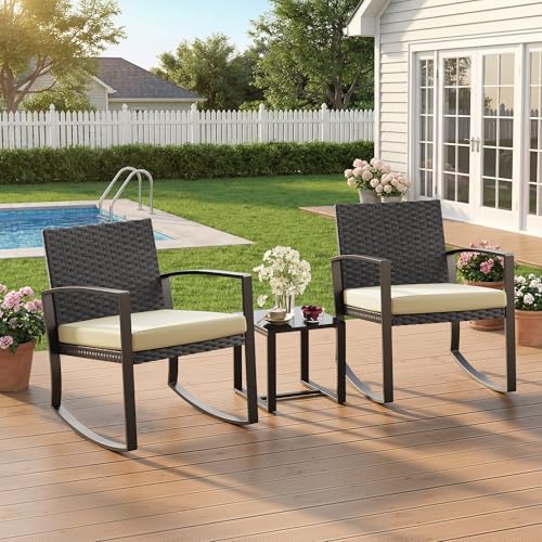 Qsun 3 Pieces Porch Furniture Set Patio Rocking Bistro Set Outdoor Patio Chai...