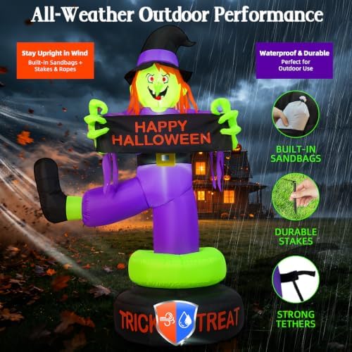 6FT Rotating Halloween Inflatables Outdoor Witch, 360° Swivel Base Lighted wi...