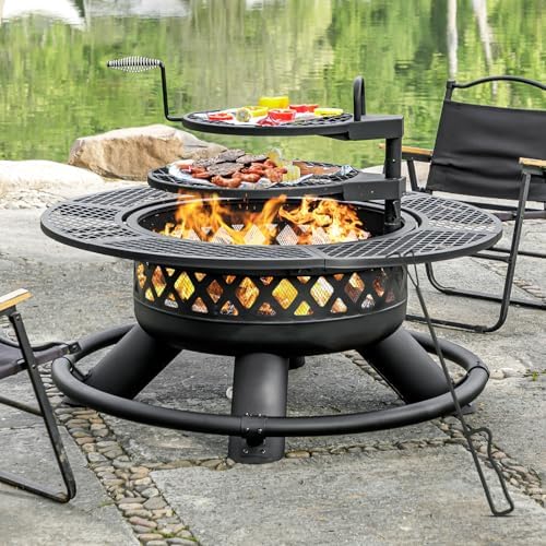 Panovue 47 Inch Outdoor Wood Burning Fire Pit with 2 Grills Extra Large