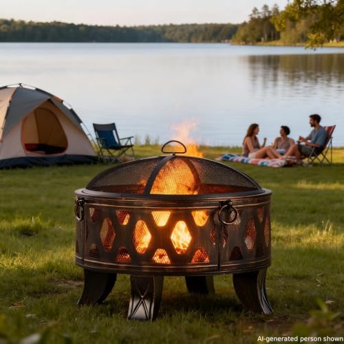 Breezz 26 in Round Wood-Burning Fire Pit with Grill