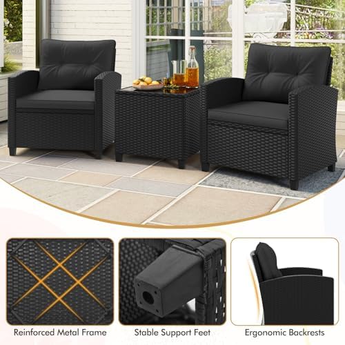 RELAX4LIFE 3-Piece Patio Furniture Set - Wicker Rattan Bistro Sofa Set with G...