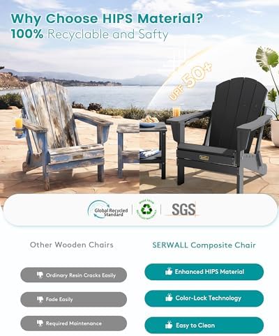 SERWALL Folding Adirondack Chair with Cup Holder Set of 2, Fire Pit - Gray
