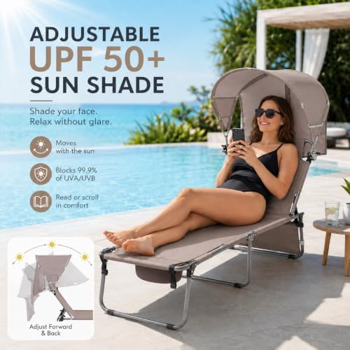 Wheel-To-Go Tanning Chair with Wheels Sun Canopy Umbrella Face Hole Thicker W...