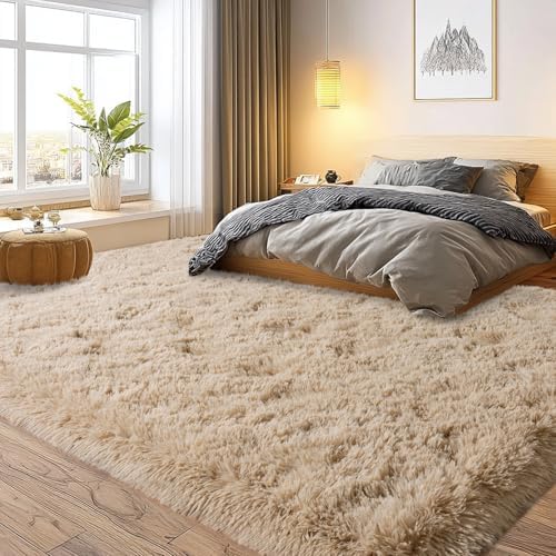 qulint Large Area Rug for Living Room 10x14, Fluffy Tan Rug for Bedroom