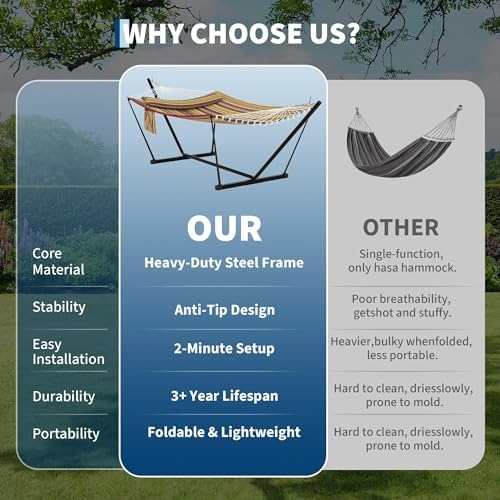 Garvee 2-Person Hammock with Stand for Outside–450lbs, Balance Rope, Pillow