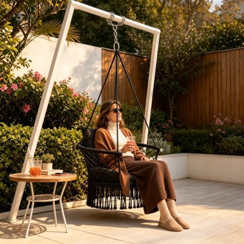 Athena Collection Macrame Hammock Chair with Mounting Hardware Kit, Black