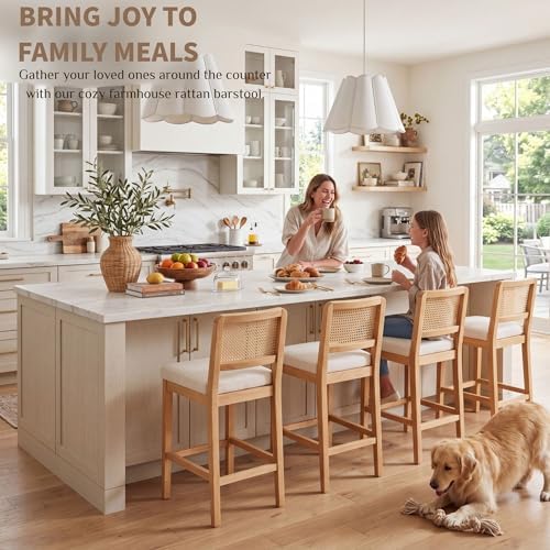 HNY Rattan Counter Bar Stools Set of 4, Farmhouse Bar Stools with Back and Wo...