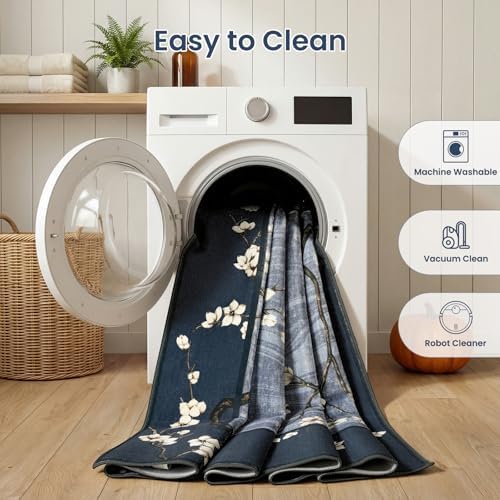 6x9 Navy Blue Oriental Floral Bird Butterfly Print Area Rug