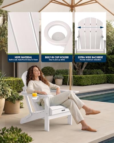 MUCHENGHY Folding Adirondack Chairs Set 2, HDPE for Fire Pit, White (Set of 2)