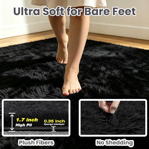 6x9 Fluffy Area Rug for Living Room: Soft Non-Slip Black Bedroom Carpet