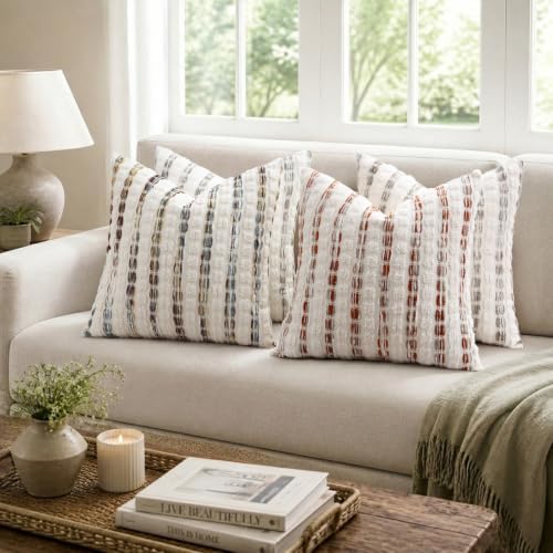 decorUhome Chenille Tufted Stripe Throw Pillow Covers 20x20 Set of 2 Orange