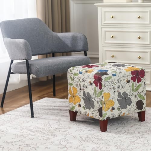 Adeco Floral Printed Linen Ottoman, 16.3" Upholstered Cube Foot Stool wi...