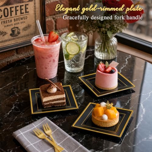 WDF 200PCS Black and Gold Plastic Dessert Plates for Halloween Parties