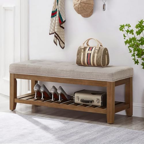 24KF Large Rectangular Upholstered Tufted Linen Fabric Ottoman Bench, Padded ...