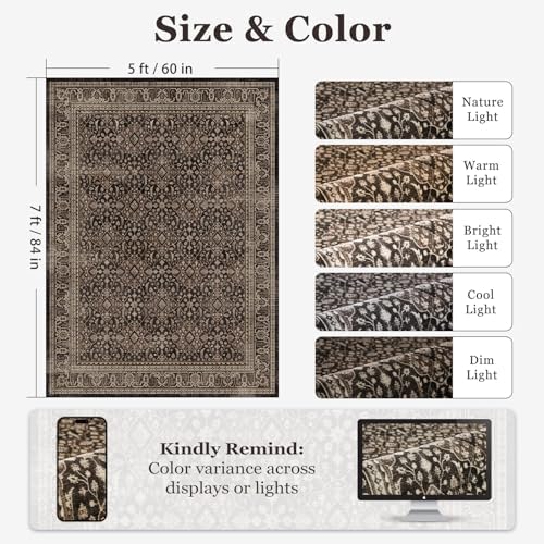 Dark Wood Brown 5x7 Rugs for Living Room Bedroom, Washable Rug with Vintage F...