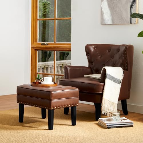 Glitzhome Mid-Century Faux Leather Ottoman, Modern Accent Stool PU Leather Fo...