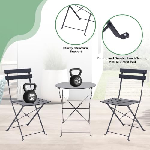 3-Piece Patio Bistro Set, Folding Outdoor Bistro Table and Chairs for 2 with ...