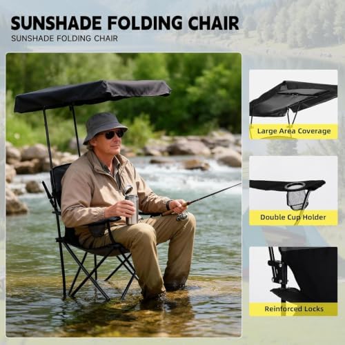 YOUNG WOOD Camping Chair with Canopy, Beach Chair with Shade,Portable,Lightwe...