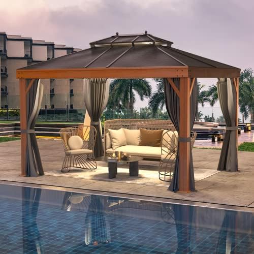 YOLENY 10' x 13' Hardtop Gazebo Faux Wood Grain with Aluminum Frame, ...
