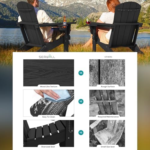 SERWALL Outdoor Adirondack Chair Set of 2 with Cup Holders,Foldable,Black