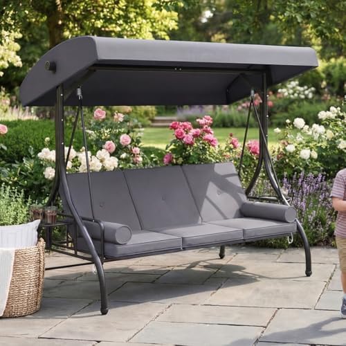 Aoxun Outdoor Porch Swing with Stand and Canopy, 3 Seats Outdoor Swings for A...