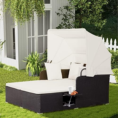 Moccha Outdoor Daybed with Retractable Canopy, Wicker Cabana with 2 Side Tabl...