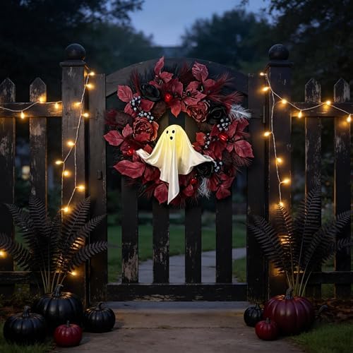 HipTree 20 Inch Lighted Ghost Halloween Wreath for Front Door