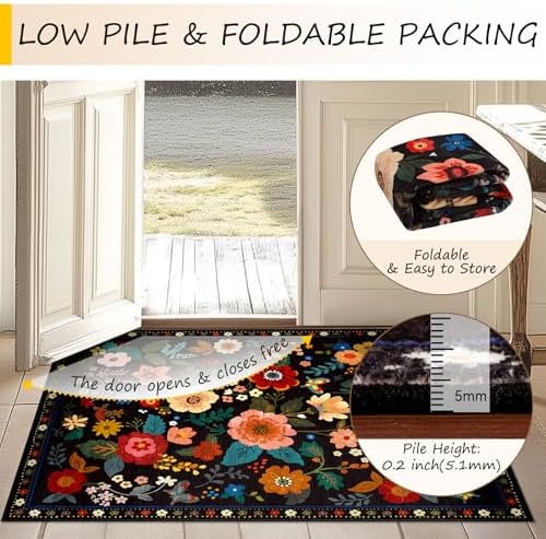 RELEANY Floral Washable 5x7 Area Rugs Black