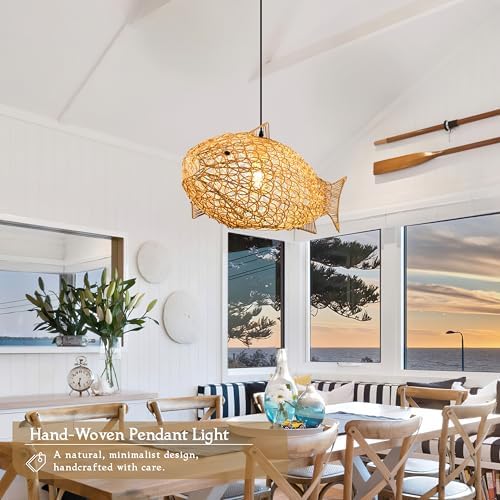 24 inch Fish-Shaped Rattan Woven Pendant Light Boho Chandelier Rustic Farmhou...