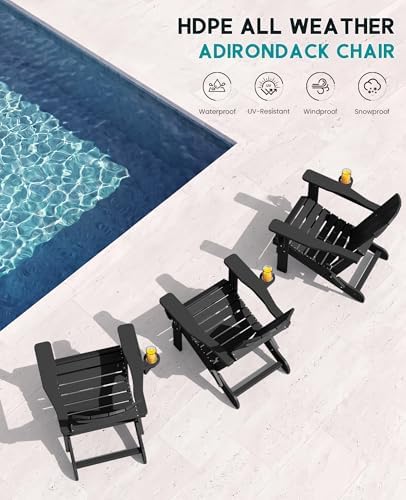 SERWALL Folding Adjustable Adirondack Chairs Set of 2, Cup Holders, Black