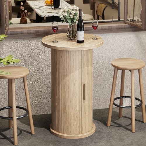 Round Bar Table with 3-Tier Hidden Storage Shelves Slide Door, 36.4''...