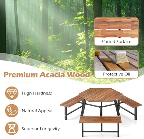 GIANTEX Picnic Table Bench Set for 6, Acacia Wood Outdoor Dining Table Set wi...