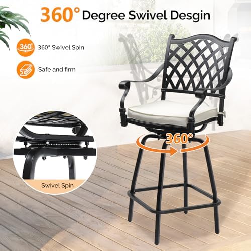 VINGLI Outdoor Swivel Bar Stools Set of 2, Cast Aluminum All-Weather Patio Ba...