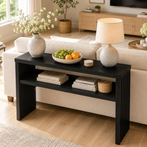 BON AUGURE Black Console Table, 47In Entryway Table with Fluted Open Shelf