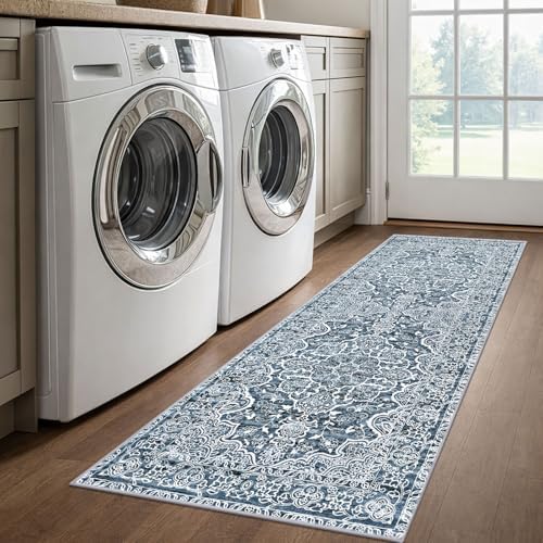 KUTA Vintage Washable Runner Rug 2x6 Blue White Runners for Hallways