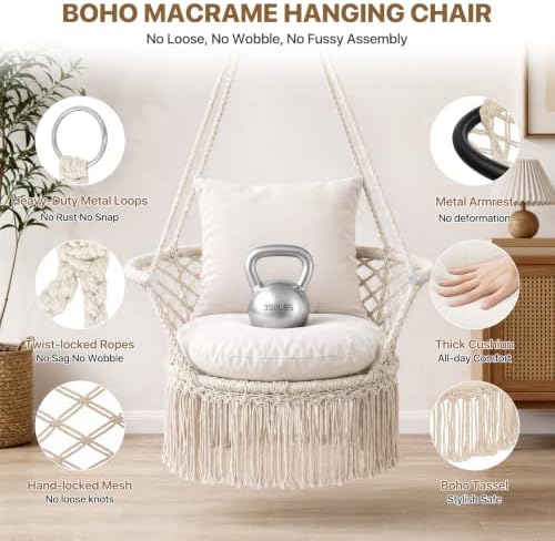Athena Collection Macrame Hammock Chair with Mounting Hardware Kit, Beige