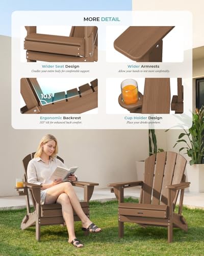Ciokea Folding Adirondack Chairs Set of 4 with Cup Holder, HDPE, Teak