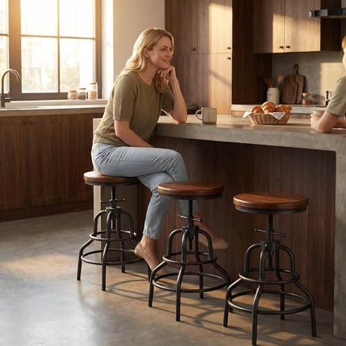 Industrial Bar Stools, Screw Twist Height Adjustable Counter Stool with Round...