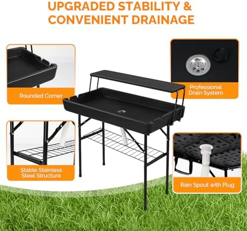 VINGLI Portable Cooler Table with Extra Storage Shelf, Alloy Steel, Black, Pi...
