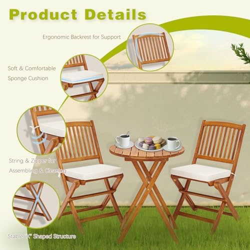 S AFSTAR 3 Pieces Patio Bistro Set, Acacia Wood Bistro Set Folding Chair with...