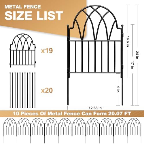 19 Pack Decorative Garden Fence Panels - 20.07 Ft Black Arched Metal Landscap...