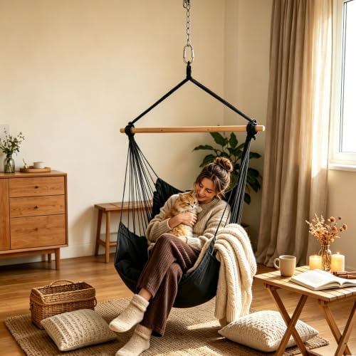 Athena Collection Hammock Chair Hanging Rope Swing, Black