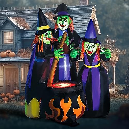 Joiedomi 6 FT Tall Halloween Inflatables Three Witch Around Cauldron with Fla...