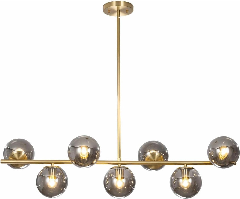KCO Mid Century Modern 7 Light Brass Gold Linear Sputnik Chandelier