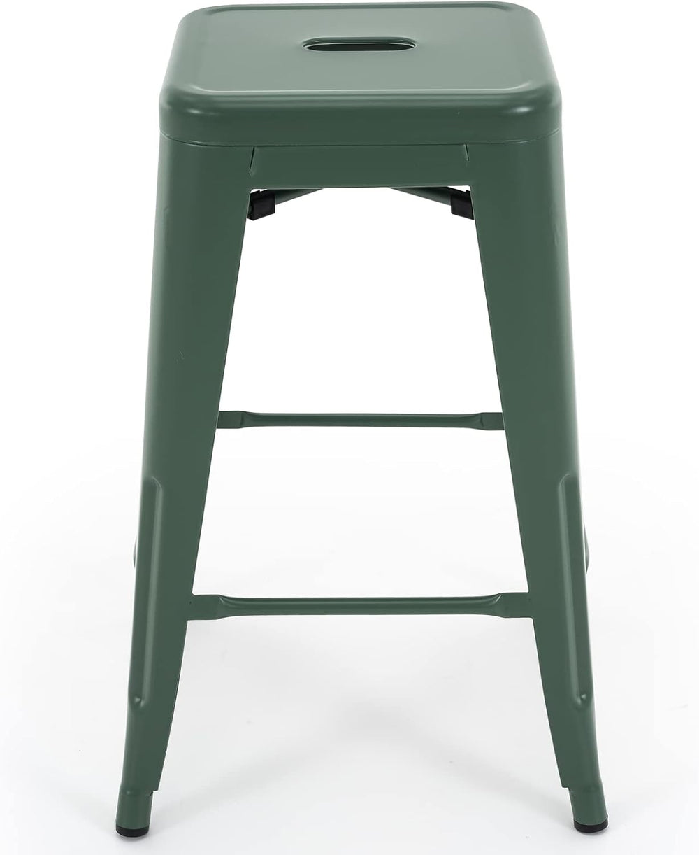 24 Inch Metal Bar Stools Set of 2, Stackable for Indoor Outdoor, Dark Green