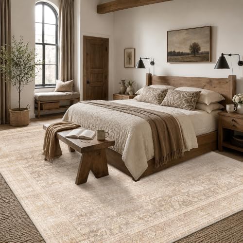 Schweek 8x10 Neutral Area Rug Vintage Washable Rugs for Living Room Beige