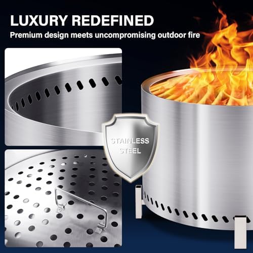 HGD 28" Smokeless Fire Pit with Stand & Grill Rack, Large Stainless ...