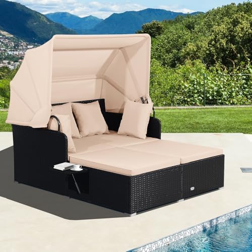 Moccha Outdoor Daybed with Retractable Canopy, Wicker Cabana with 2 Side Tabl...