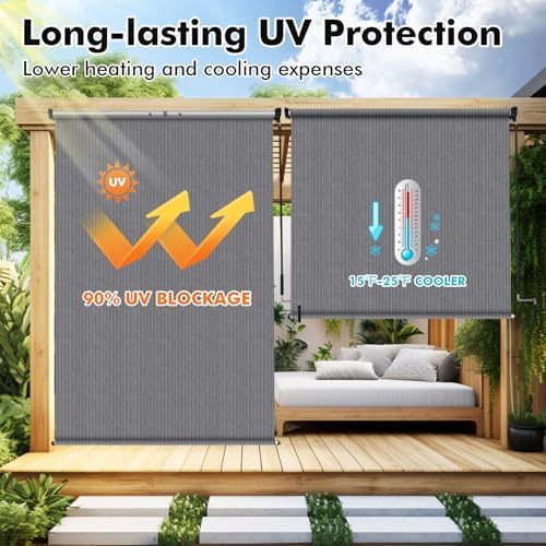 Artpuch Outdoor Roller Shade 8' W x 8' H, Gray Exterior Cordless Pati...